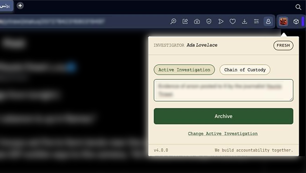 Screen capture of the Archival browser plguin archiving a page and adding custom notes.