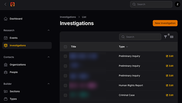 Screen capture of the WITNESS investigation management system, highlighting the navigation.